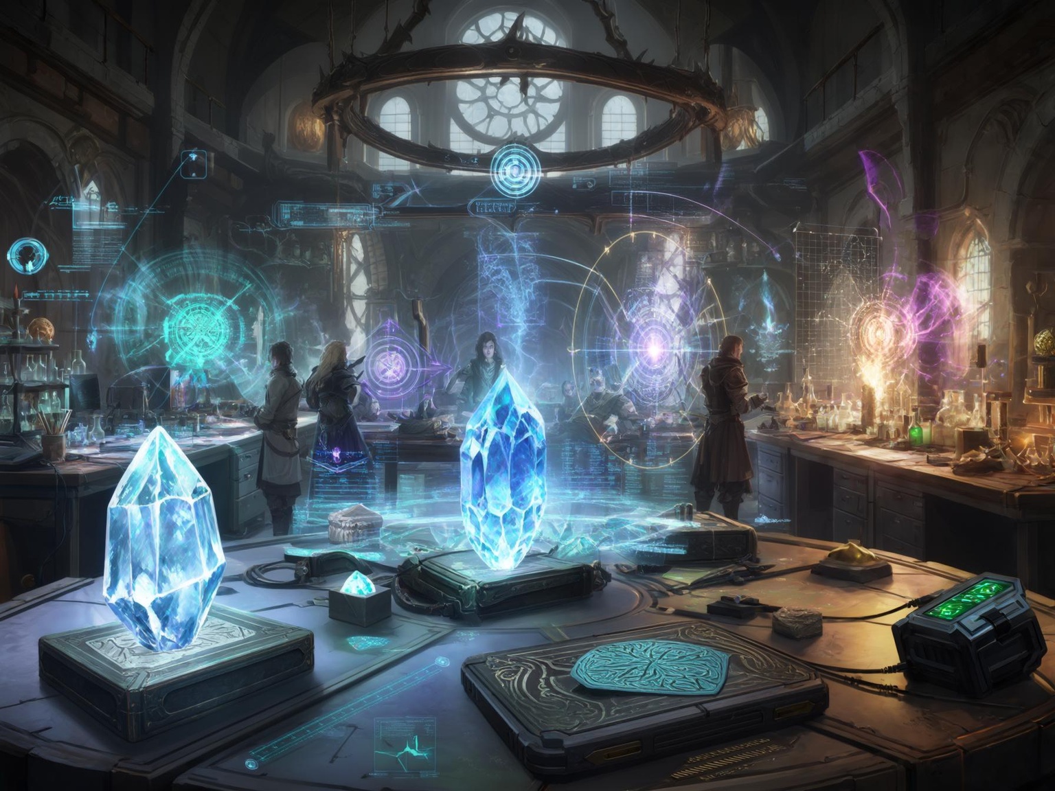 Mages studying dragon-touched crystals in a magical research facility with floating magical displays