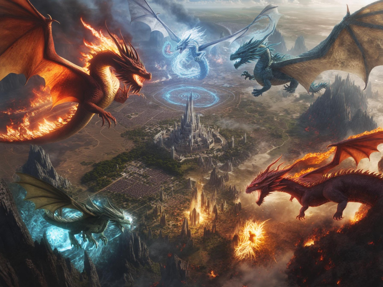 Dragons of fire and ice shaping the magical kingdom of Beornan Heafod, with a central city protected by magical wards