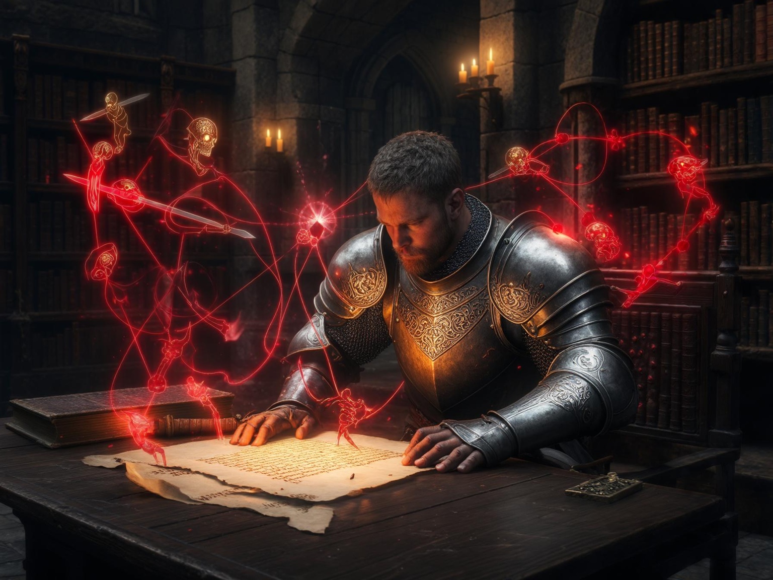 Armored warrior in a candlelit library studying ancient manuscripts with glowing red combat formations floating above