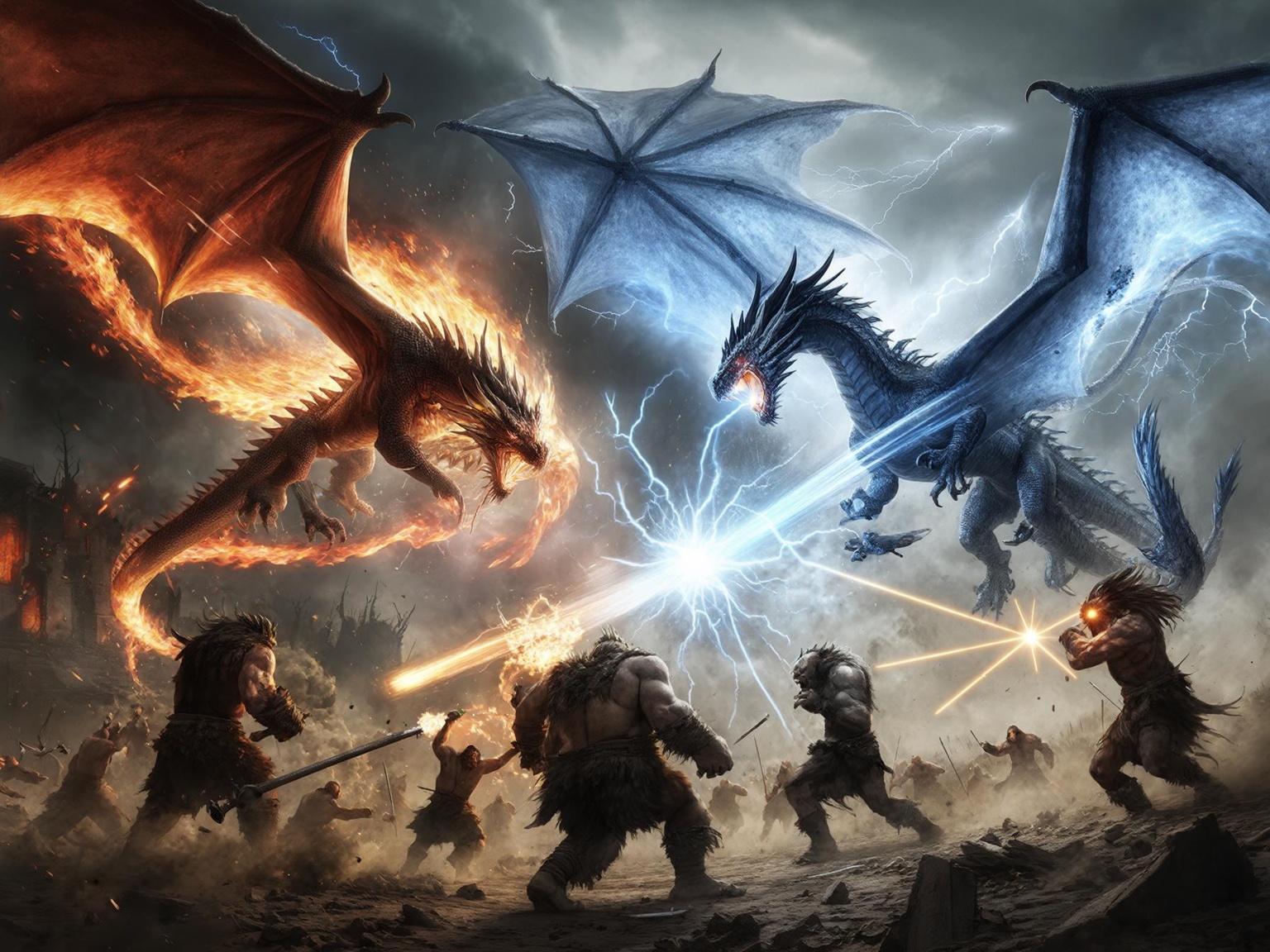 Dragons unleashing magical powers against giant warriors in an ancient battle