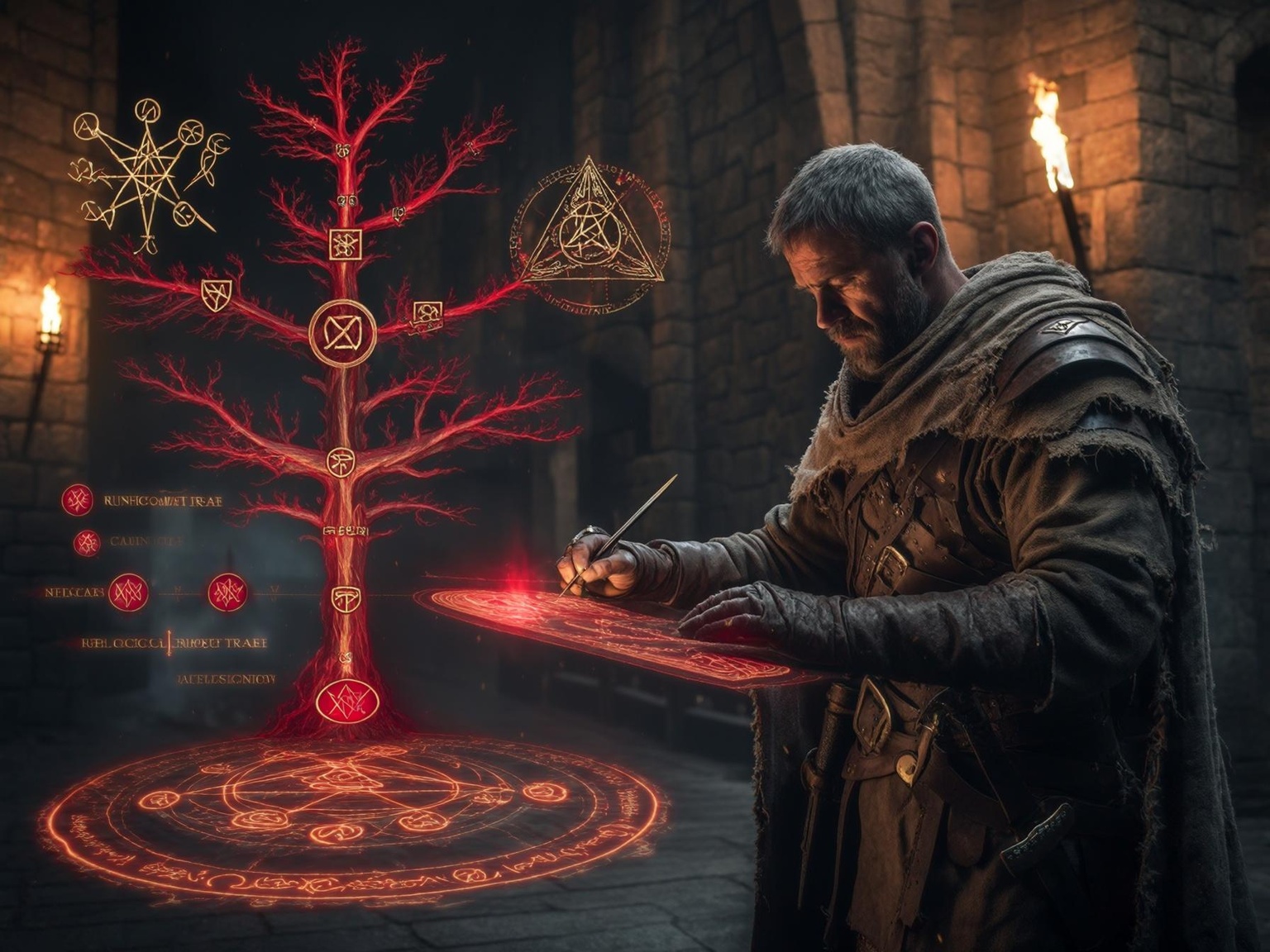 Ancient magical skill tree with glowing red branches and golden runes floating before a warrior-scholar in a torch-lit castle chamber