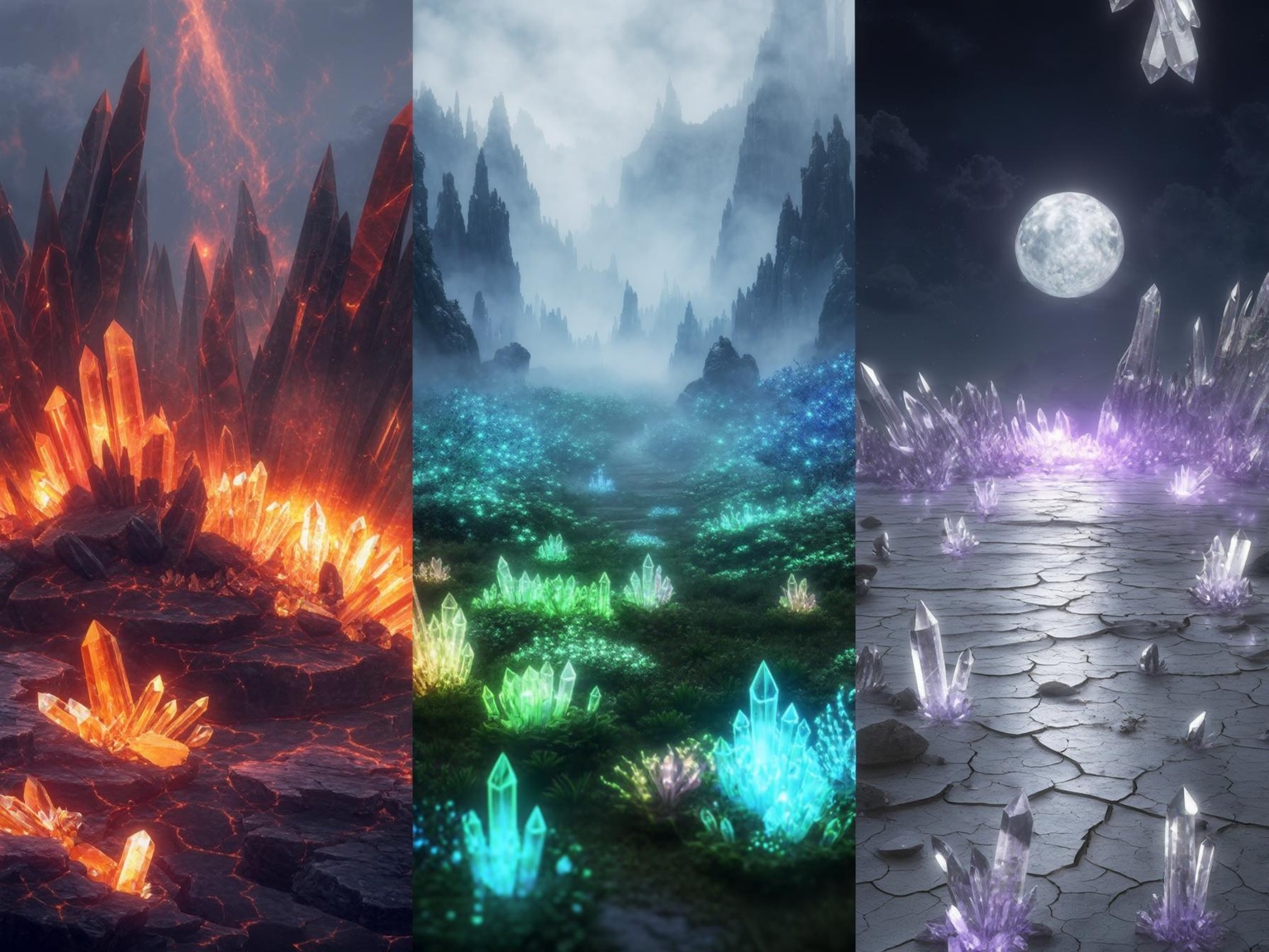 Three distinct magical landscapes showing fire crystals, nature crystals, and moonlit crystal formations