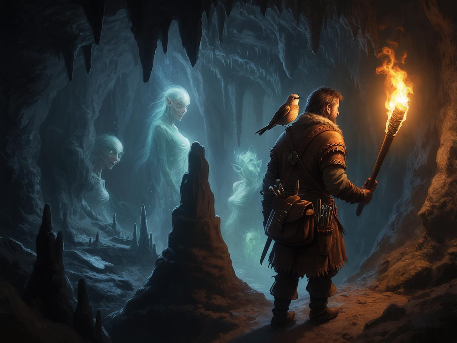 Medieval cave explorer with bird companion facing ethereal cave spirits in torch-lit ancient cavern