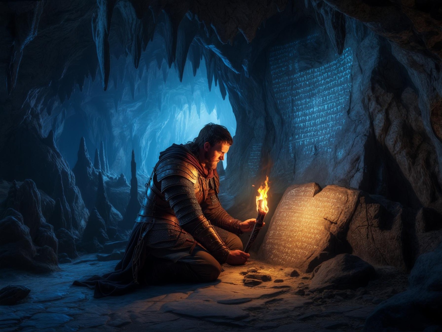 Medieval explorer studying glowing ancient runes in torch-lit cave, demonstrating historical dungeon delving