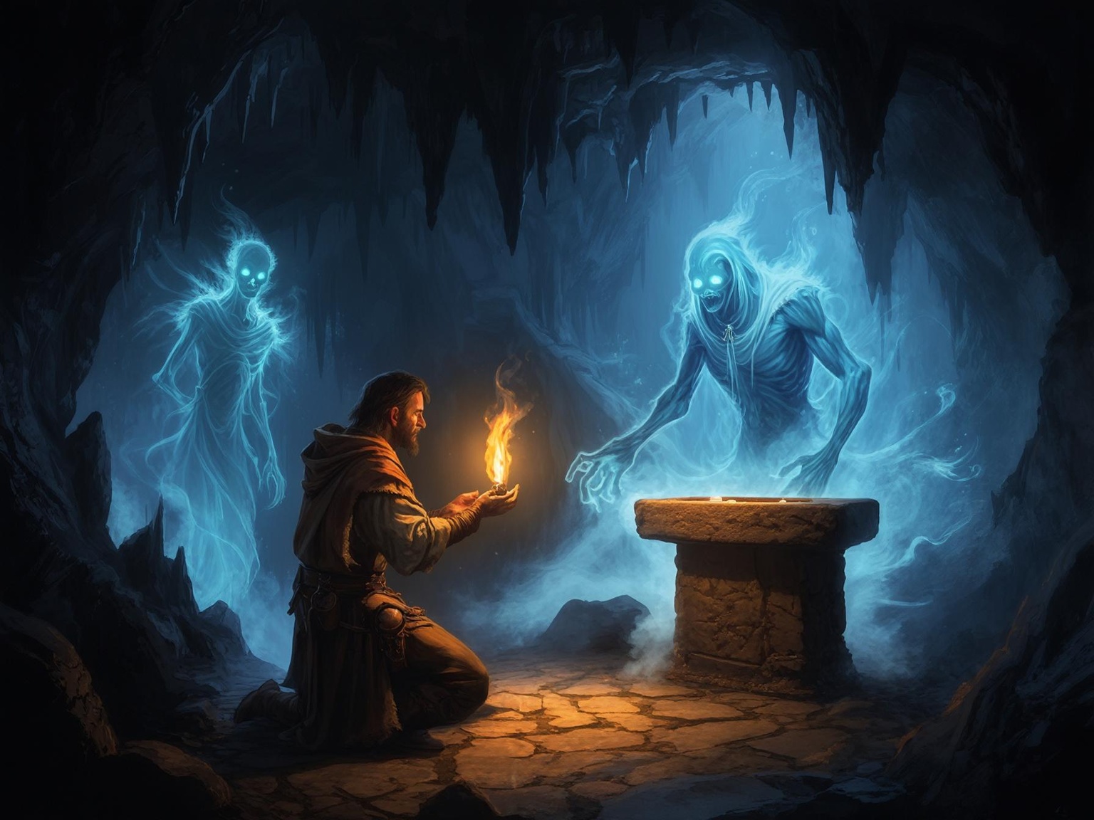 Medieval explorer making offerings to ethereal cave spirits at ancient stone altar in torch-lit cavern