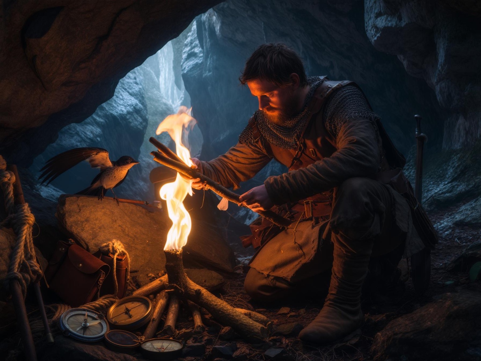 Medieval cave explorer crafting torch with bird companion and exploration equipment including compass and ropes