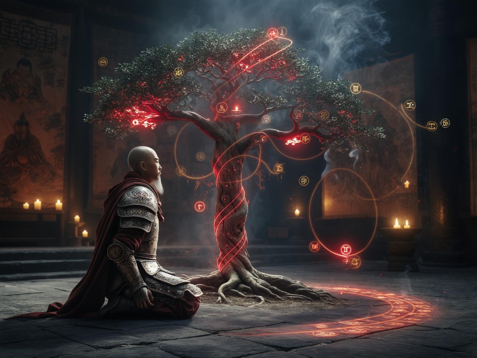 Armored monk meditating before a mystical tree with glowing red energy and golden skill paths