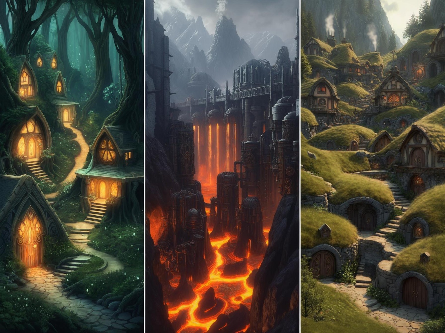 Three distinct settlements showing elven forest homes, dwarven mountain forges, and halfling hillside dwellings
