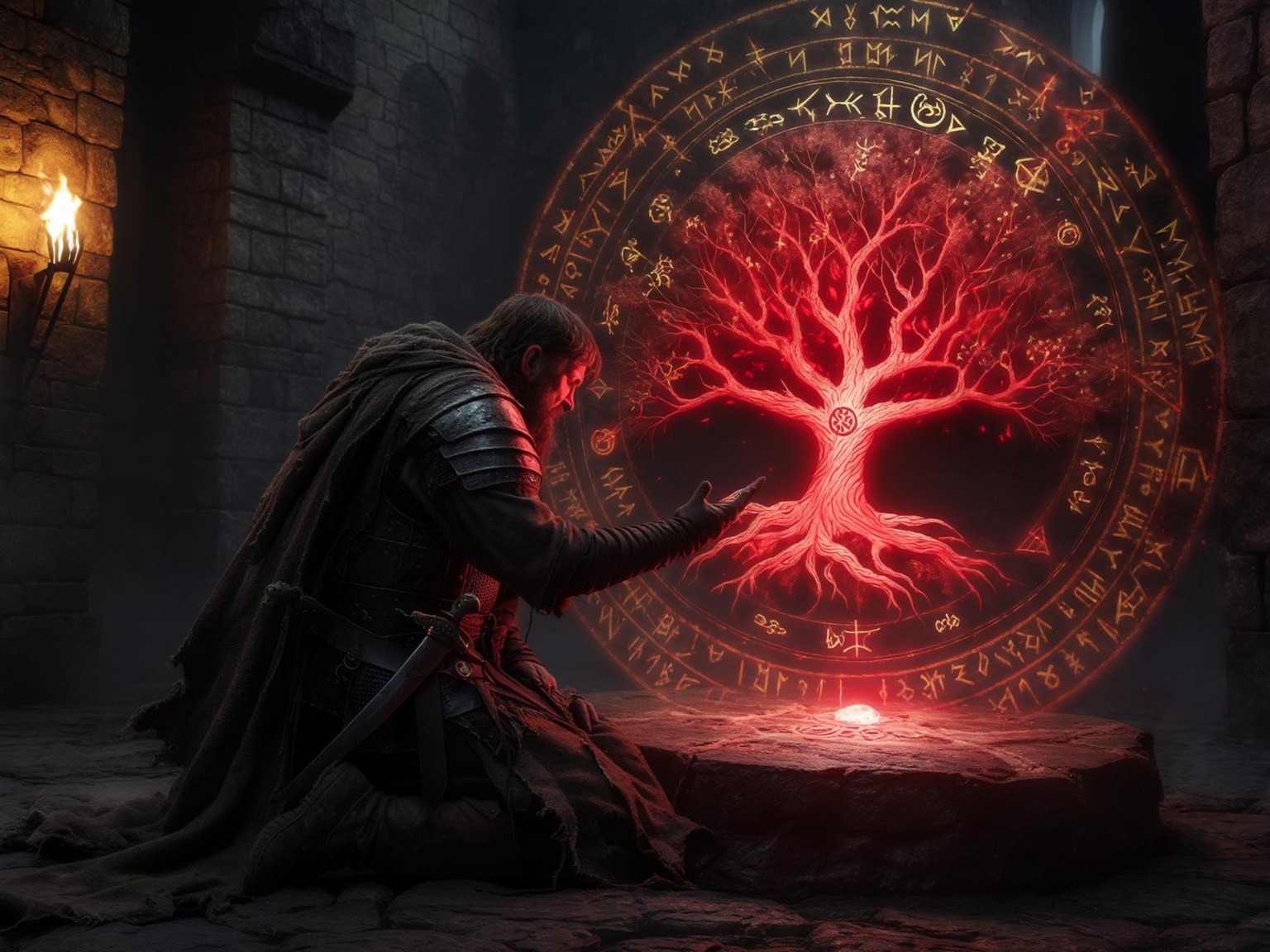 Warrior studying a glowing red magical tree surrounded by ancient runic circles in a dark stone chamber