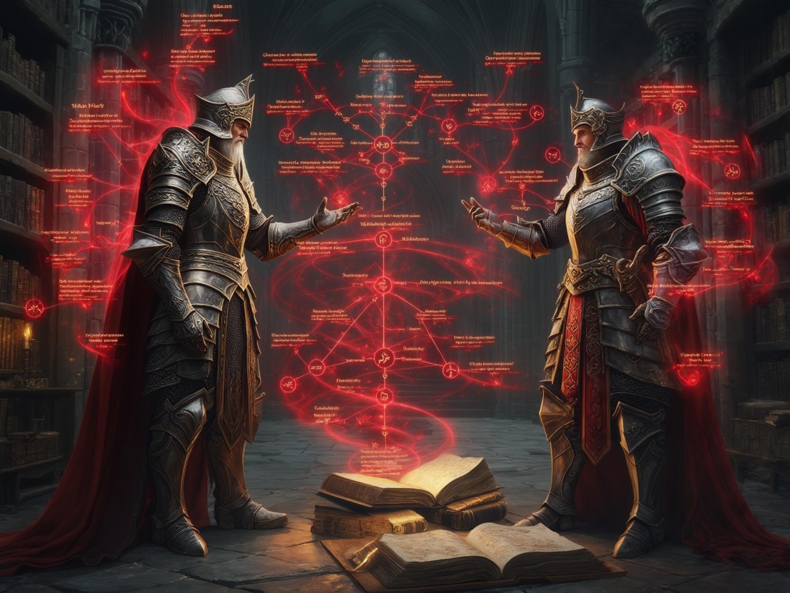 Two armored scholars analyzing magical skill tree diagrams floating above ancient tomes in a torch-lit library