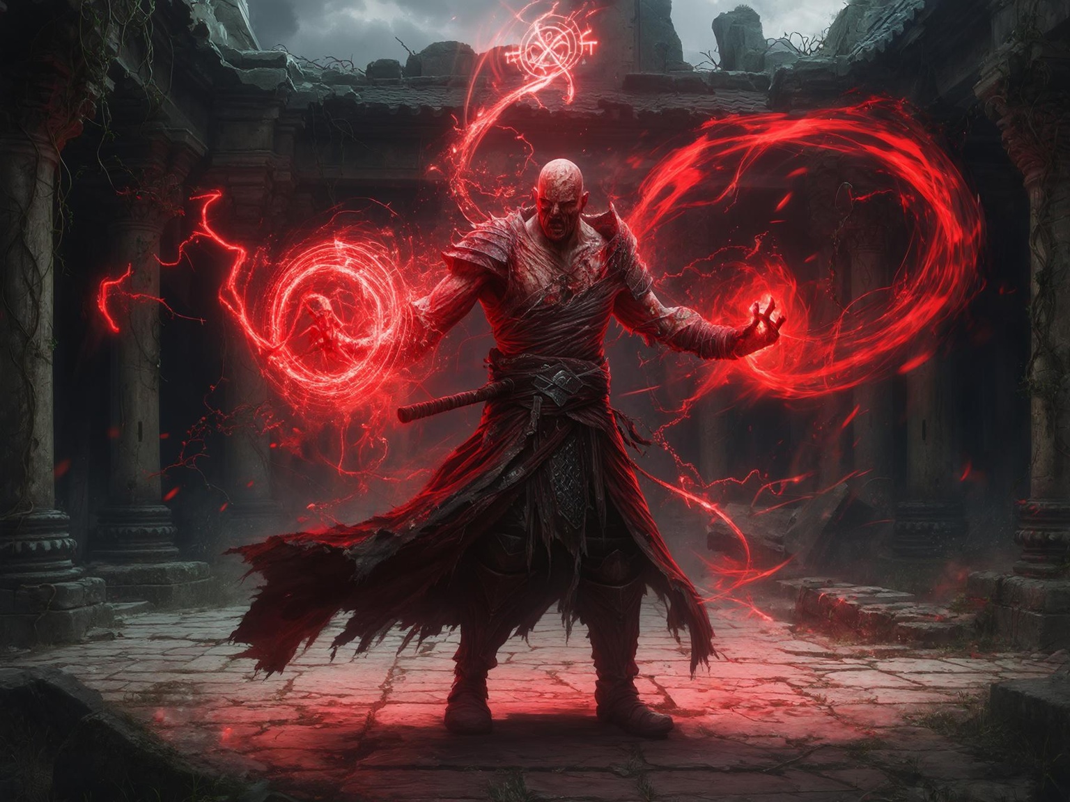 Dark warrior channeling chaotic red magical energy in a ruined temple courtyard